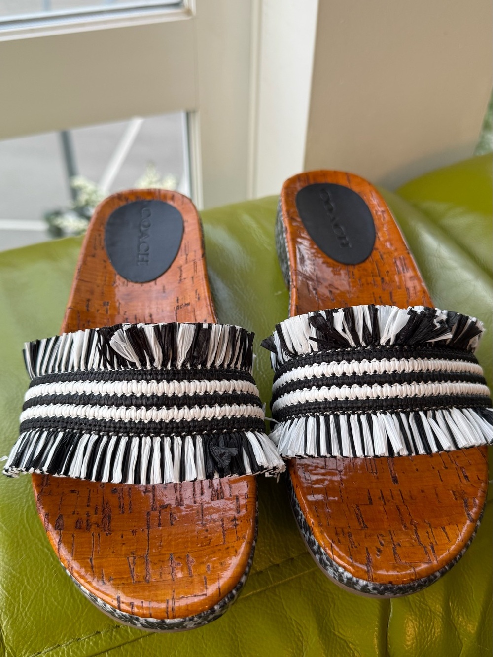 Coach Black & White Fringe Slide Mules